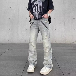 潮牌磨破洞拉链牛仔裤男女美式高街宽松直筒长裤子K70086-P42网图图片