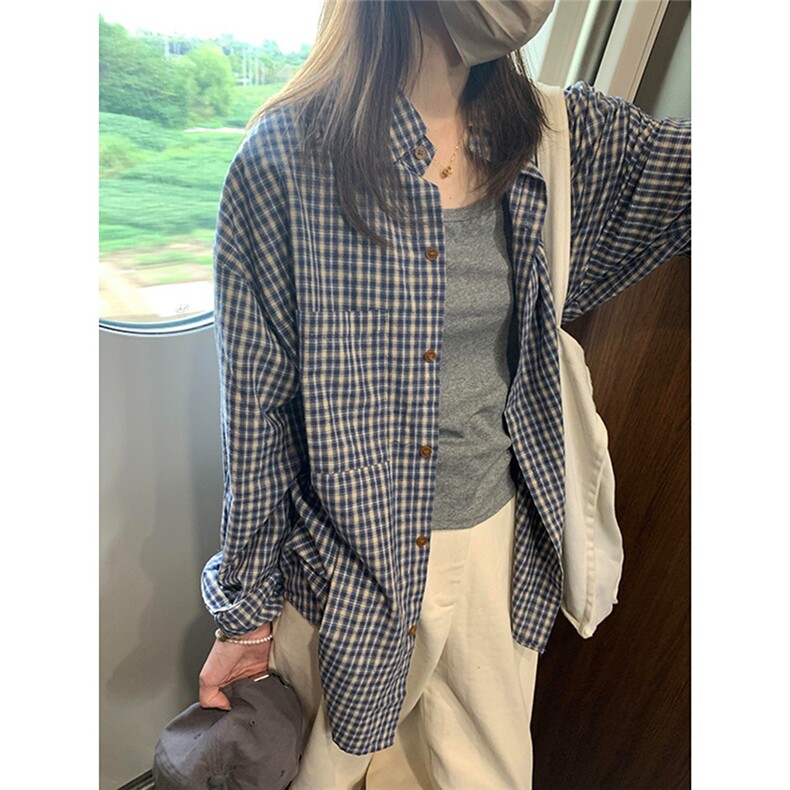 高级感蓝格子衬衫女复古百搭上衣宽松休闲长袖衬衣新款WLC166-P35,男装衬衫,星座1008