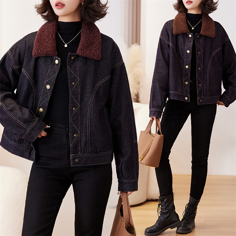 2024秋冬新款翻领潮流牛仔短外套女夹旅行出街夹棉保暖外套潮,女装牛仔外套,跑量工厂店