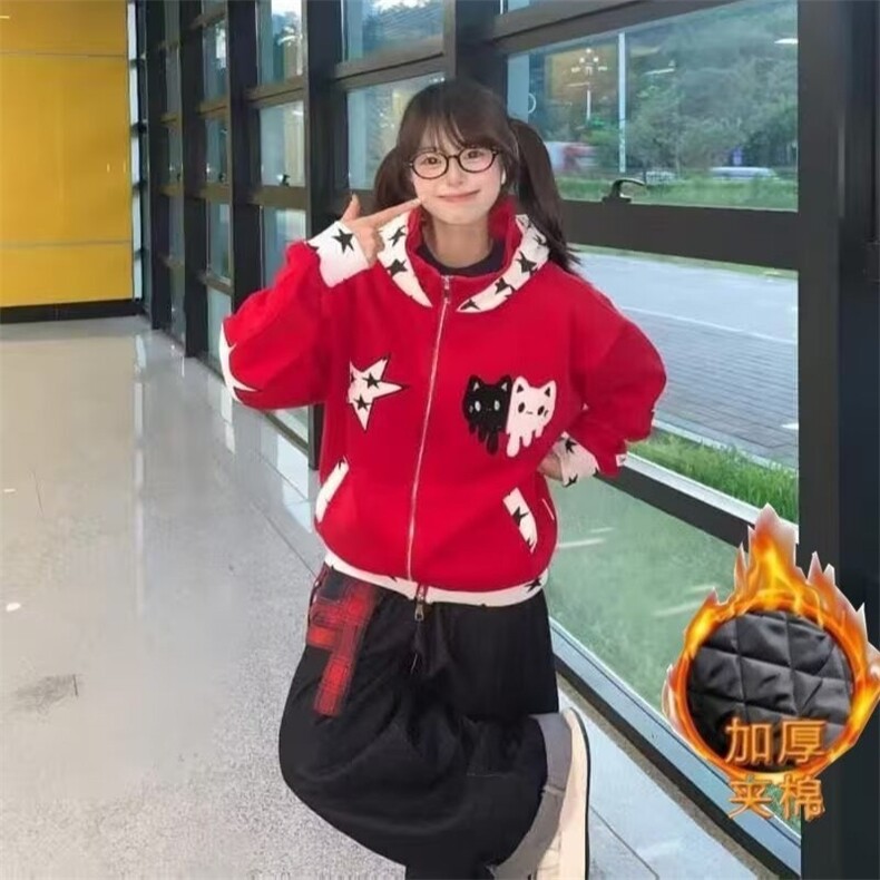 美式星星猫咪刺绣设计感连帽加绒卫衣男女秋冬宽松开衫外套上衣服图片
