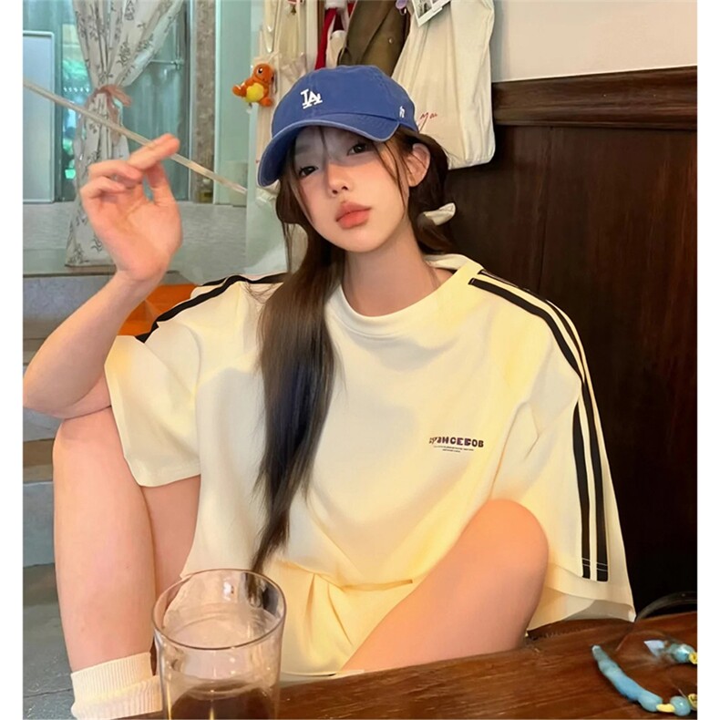 抖音得物供货240克宽松纯棉美式潮牌印花三杠全带短袖T恤AT1402,男装T恤,电商A443