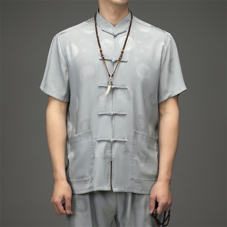 唐装短袖套装夏季中老年爷爷汉服爸爸风男装老年人衣服图片
