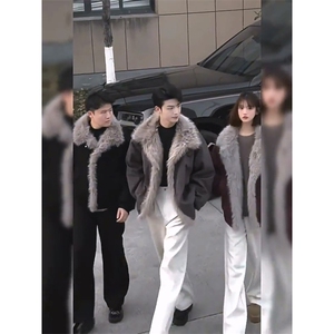 现货重磅硬挺boxy羽绒棉衣座山雕大毛毛领洗水麂皮棉服冬外套图片