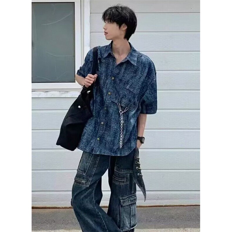 夏季薄款提花金属扣短袖衬衫新中式宽松翻领半袖上衣C4715,男装衬衫,星座1116A（原606A-3）