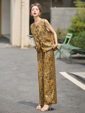 新中式国风洋气套装女2025夏季复古气质盘扣马甲T恤阔腿裤三件套，女装套装/套裙，布芭啦
