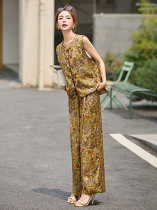 新中式国风洋气套装女2025夏季复古气质盘扣马甲T恤阔腿裤三件套图片
