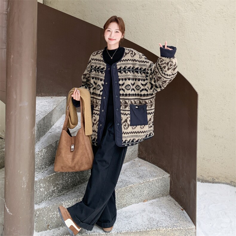 两面穿羊羔毛中长款外套女2025秋冬季新款宽松显瘦加厚慵懒风上衣,女装毛呢外套,2C095