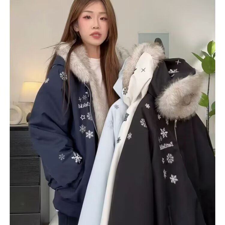 美式复古雪花刺绣连帽座山雕棉服男女加厚绒冬季情侣保暖棉衣外套,男装棉衣,星座506A