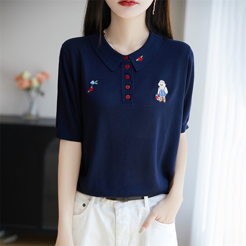 夏季莱赛尔天丝针织五分袖上衣女翻领刺绣纽扣短袖T恤宽松打底衫,针织衫/毛衣,郡淞羊绒