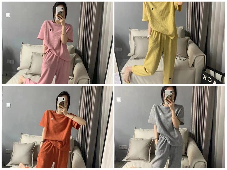 家居服，家居服中的天花板，华夫格的面料，睡衣套装，嘉福利市