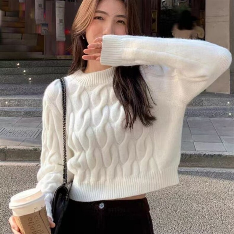 法式优雅麻花编织圆领羊毛衫羊毛温暖舒适秋冬,女装羊毛衫,旭驰羊绒