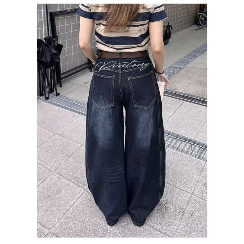 复古深蓝高腰弯刀阔腿牛仔裤女秋季字母刺绣宽松显瘦休闲拖地长裤,男装牛仔裤,星座1210-1