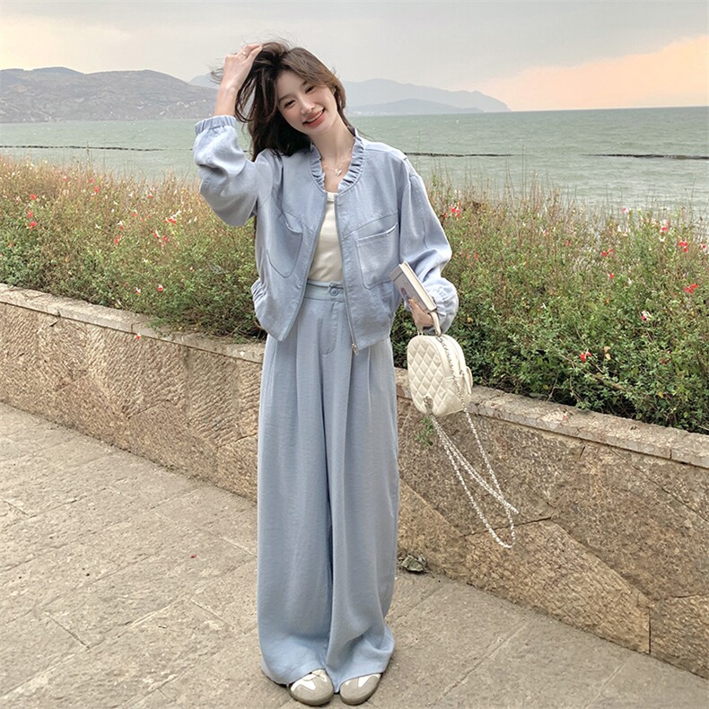 蓝色休闲套装女2025春季新款韩系甜美减龄木耳边外套阔腿裤两件套图片