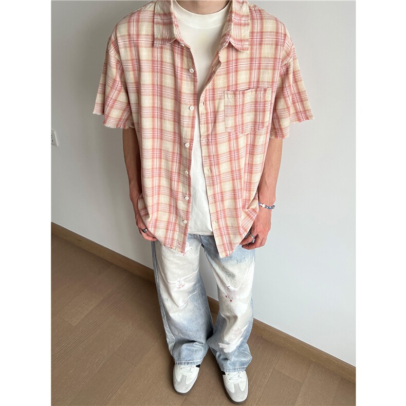 夏美式复古格纹短袖衬衫男女宽松休闲慵懒风外套上衣LCS2022-p43,男装T恤,星座1008