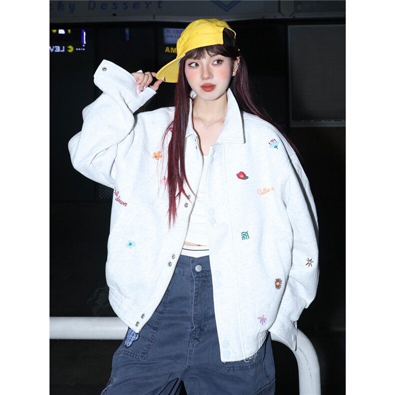 新品小花刺绣翻领外套男女美式复古短款百搭情侣夹克,男装夹克,星座613