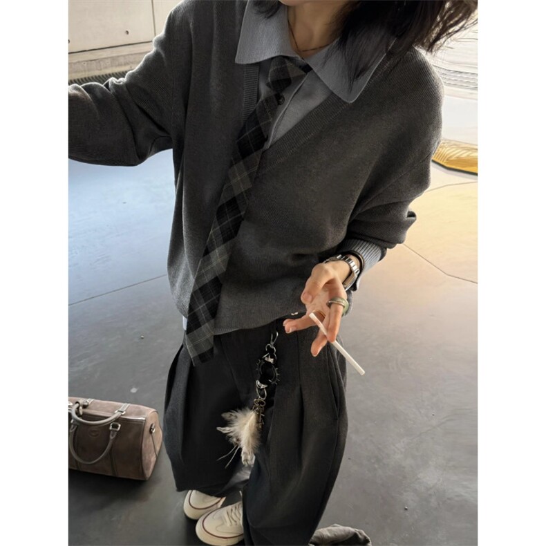 老钱风假两件毛衣男秋冬季加厚保暖青少年高级感内搭polo领针织衫,男装针织衫/毛衣,星座506A