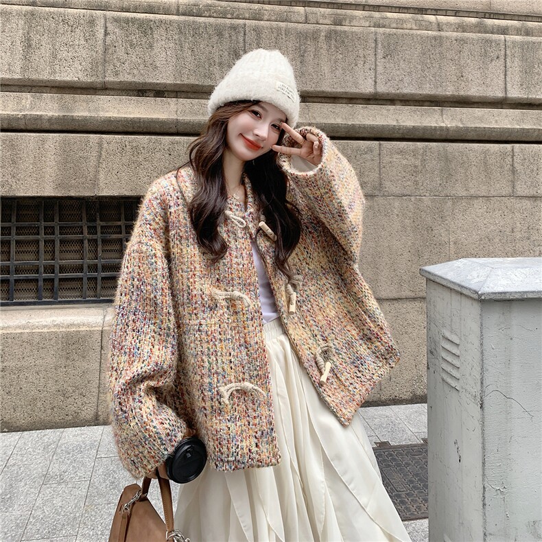 小香风编织牛角扣外套女2025秋冬新款法式漂亮宽松小个子圆领大衣,女装短外套,2D078