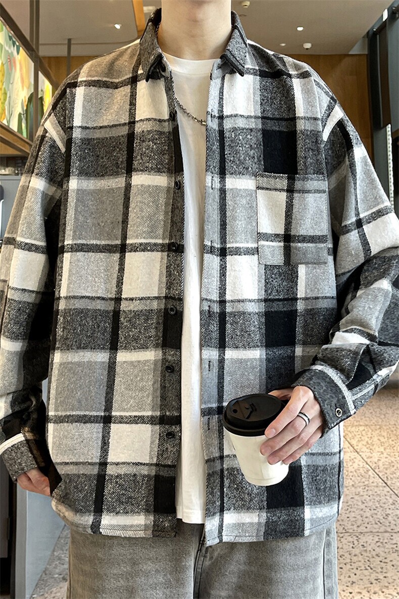 春季小香风衬衫翻领男大皂大码宽松痞帅外套格子衬衣A012/856Tp35,男装衬衫,电商A012