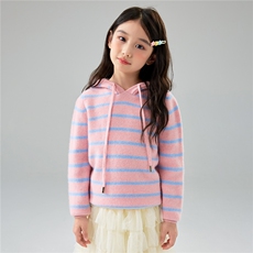 秋冬新款女童甜美连帽条纹羊毛针织毛衣宝宝打底帽衫羊绒外穿上衣，童装儿童羊毛衫，初丹羊绒童装