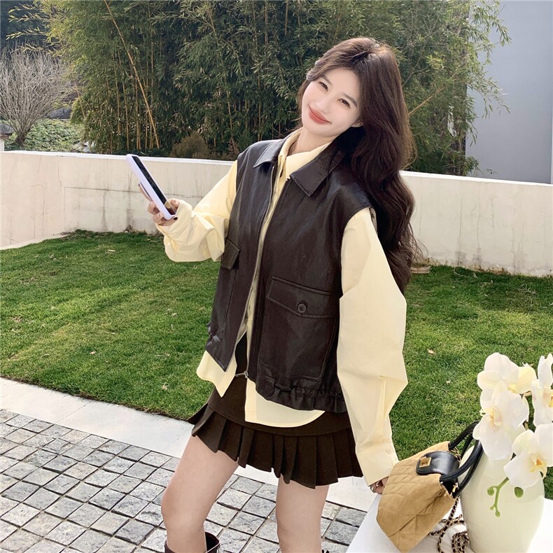 复古风咖色皮衣马甲衬衫套装女2026春新款减龄高级感小个子两件套,女装套装/套裙,艾米莉亚