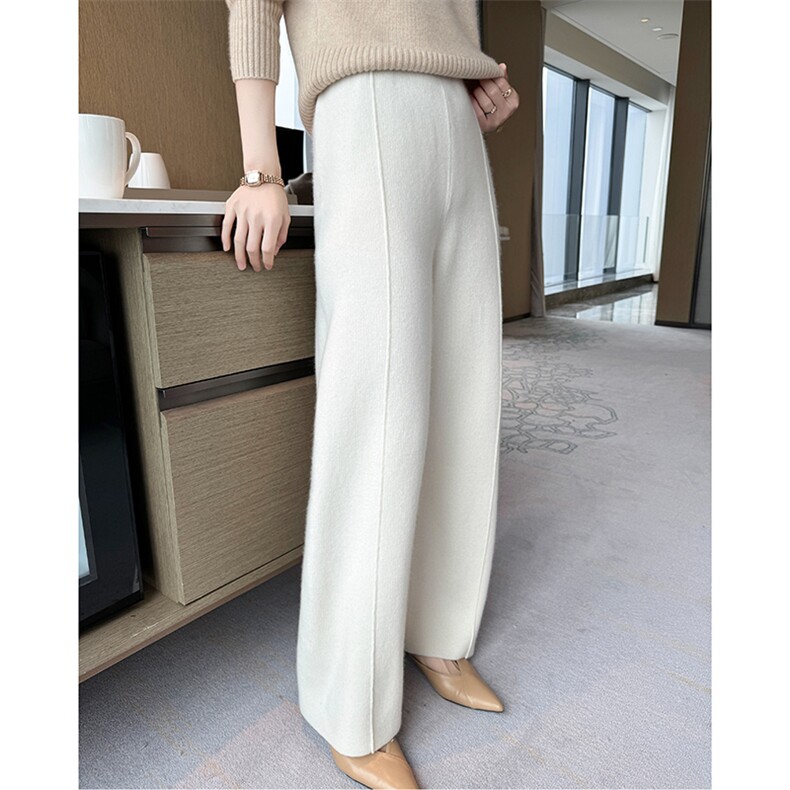 2025年秋季新款十二针竖线针织羊绒阔腿裤时尚休闲通勤百搭，女装休闲裤，高粱穗羊绒