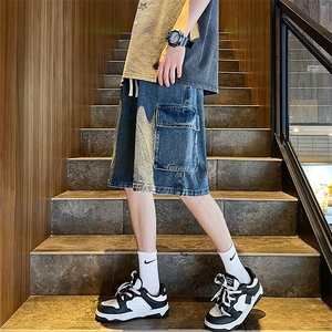 抖音品质大口袋工装牛仔短裤中性直筒中裤313A-1-NZ045-P45控58图片