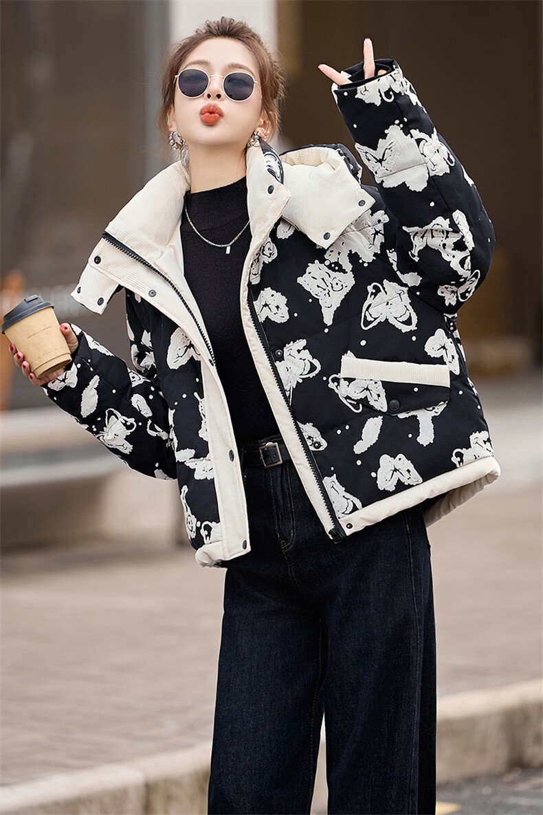 小个子印花连帽羽绒服女欧货2024冬季新款短款百搭白鸭绒保暖外套,女装羽绒服,曼娅璐