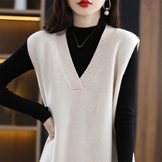 马甲女针织背心春秋小香风韩版中长款宽松大v领坎肩百搭毛衣1，女装马甲，唯若美羊绒