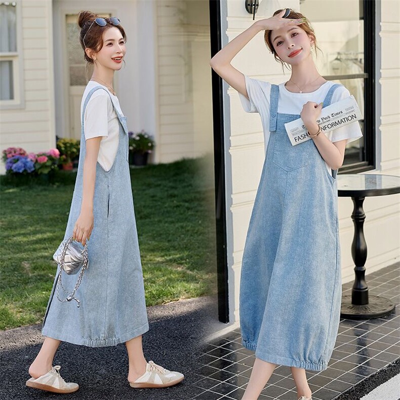 淡蓝色牛仔背带连衣裙两件套女夏季巨好看学院风减龄韩系套装chic,女装套装/套裙,慧尚依恋