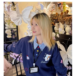 美式复古小狗刺绣假两件POLO领长袖t恤2025秋季慵懒风宽松上衣图片