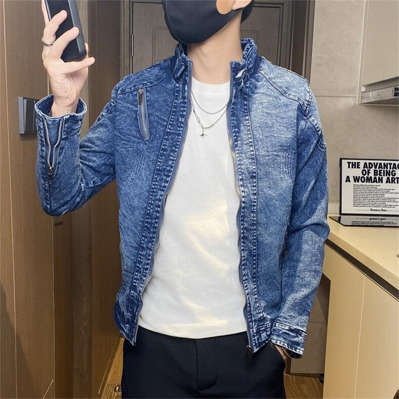 JK1823-P100牛仔外套男水洗复古立领机车夹克青年帅气修身牛仔衣,男装工装外套,电商D310B-1