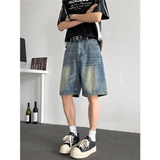 现货美式高级感牛仔短裤男女夏季潮牌复古裤子欧美伐木阔腿五分裤，男装牛仔裤，星座218-1（原230）