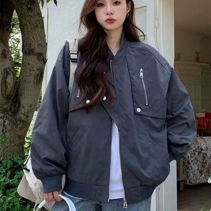 美式金属拉链纽扣装饰夹克外套男秋冬款大码潮牌高级感飞行员工装图片