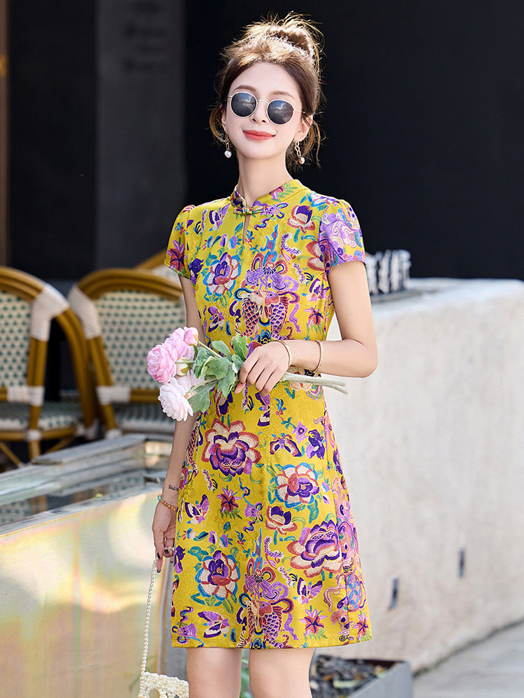 时尚连衣裙女夏季2026新款新中式盘扣立领提花小个子连衣裙,女装连衣裙,美沁