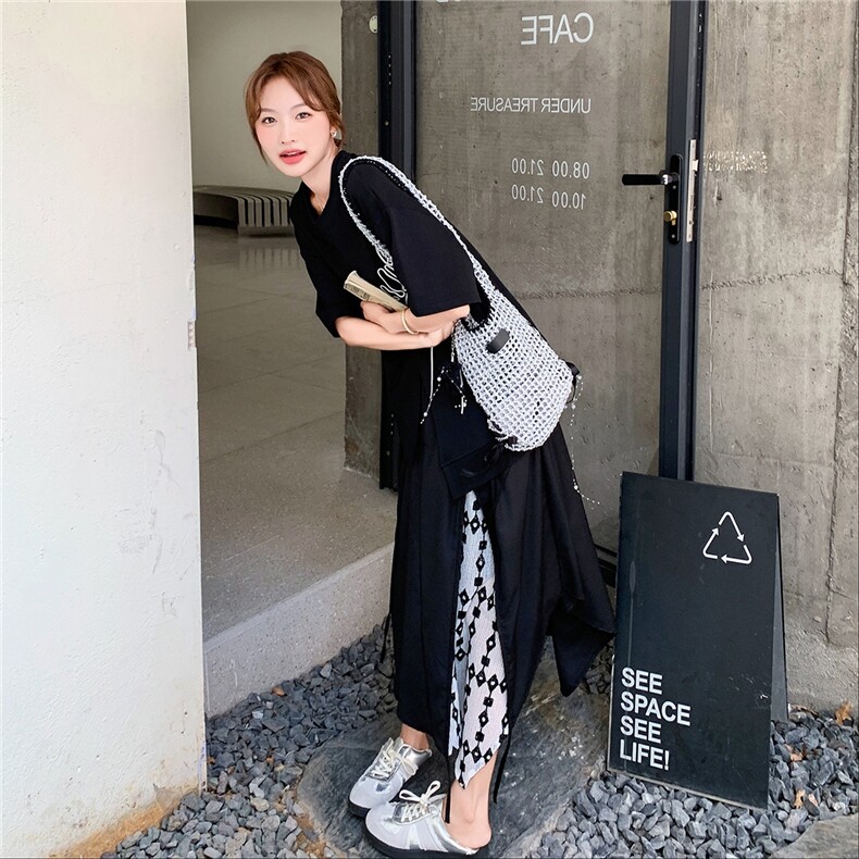 韩版短袖不规则半身裙套装女2025年夏季新款宽松显瘦松弛感两件套,女装套装/套裙,2B237