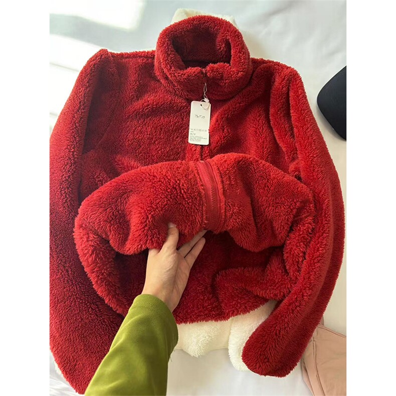 高品 纯色厚实拉链茄克长绒保暖显瘦立领摇粒绒外套男女A1194-P40图片