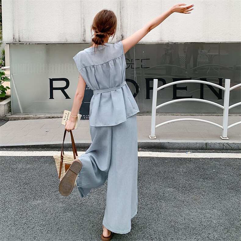 新款蓝色棉麻两件套2C110-H9710-P135-198,女装套装/套裙,2C110