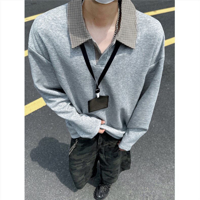 模特千鸟格翻领polo衫老钱风卫衣外套W988/特P28灰色,男装Polo衫,电商A094