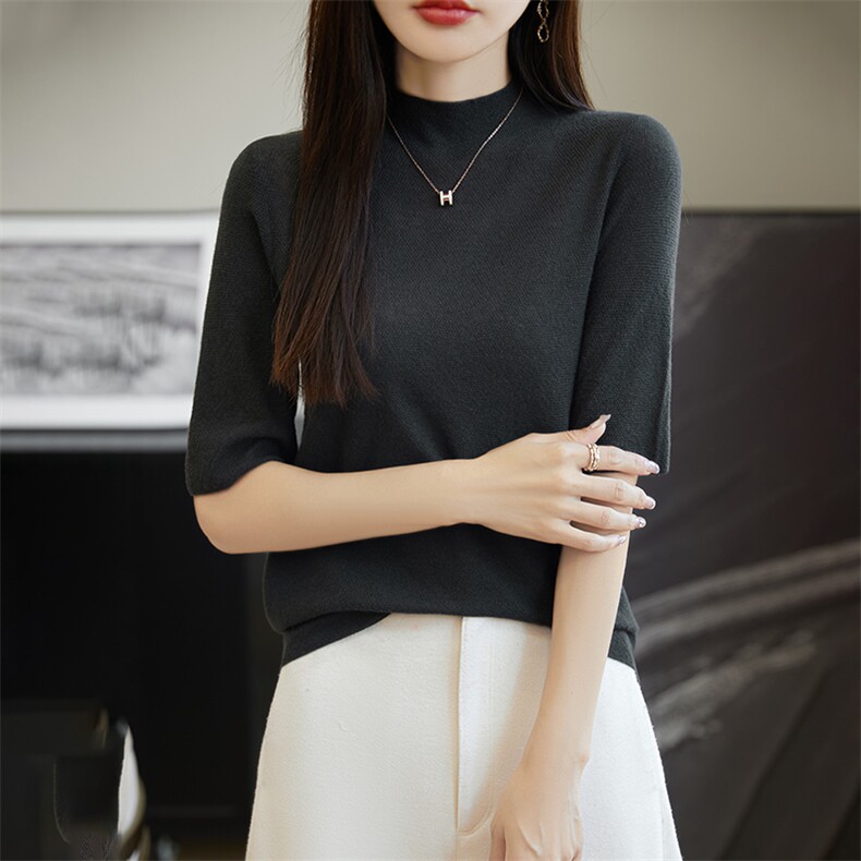 针织衫女夏薄款小众设计感短款修身显瘦半高领中袖紧身弹力打底衫,女装羊毛衫,朝思羊绒