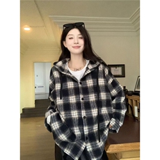 C144-P36Forqueens美式复古格子连帽衬衫毛呢外套，男装衬衫，电商B323A