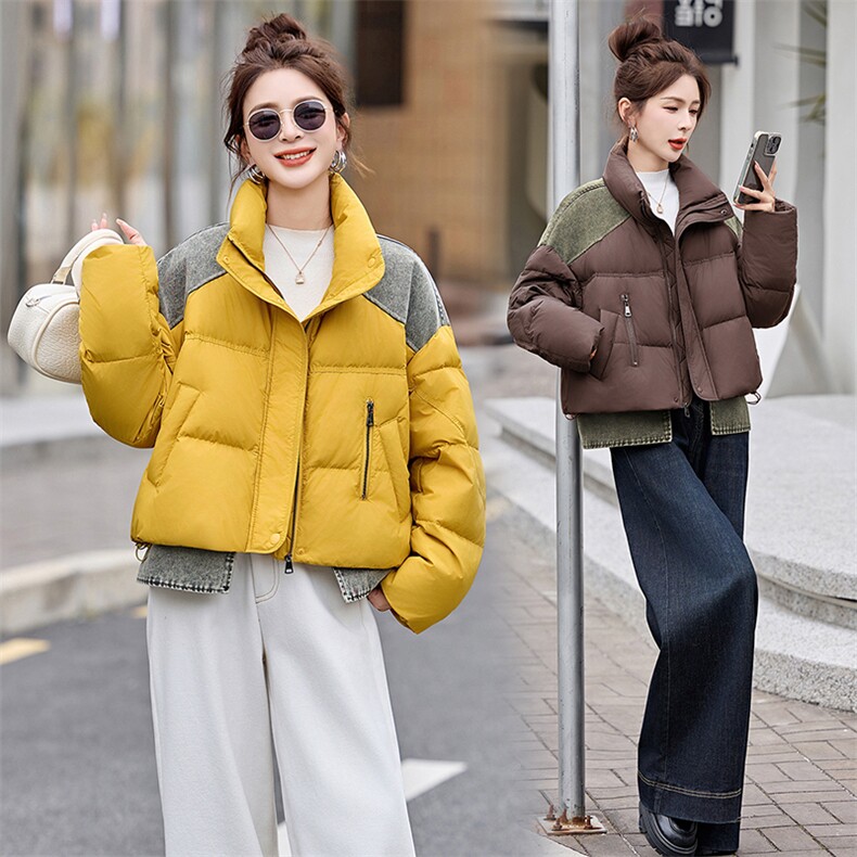 2025冬季新款韩系牛仔拼接短款泡芙羽绒服外套女冬季白鸭绒面包服,女装羽绒服,自然秀
