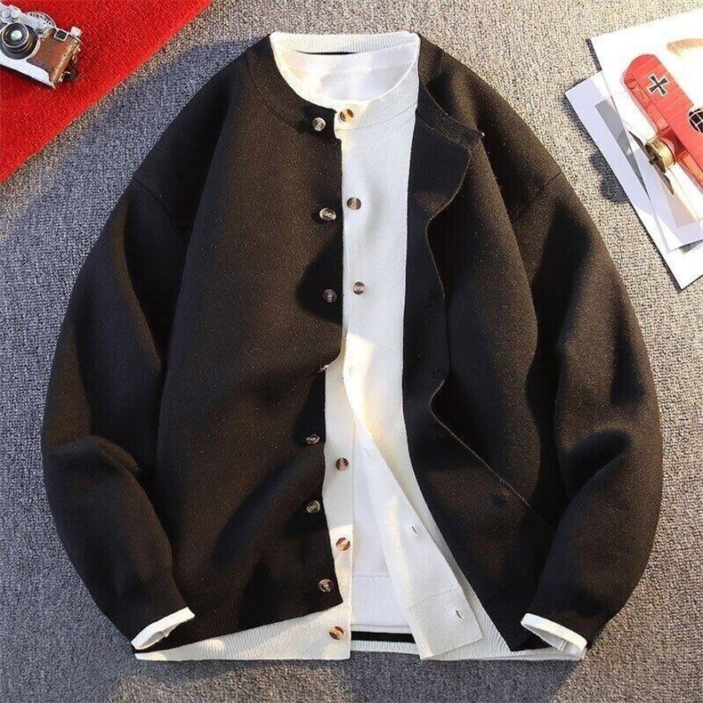 84893-特P75秋冬休闲圆领毛衣男纯色针织开衫红色开衫假两件外套，男装针织衫/毛衣，电商D310B