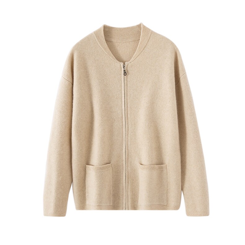 35%羊绒衫秋冬季新款舒适时尚百搭女式双口袋棒球领拉链开衫，女装羊绒衫，窄众羊绒