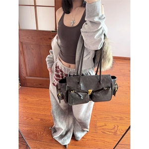 美式街头灰色字母印花拖地长裤女2025早秋新款辣妹低腰显瘦阔腿裤图片