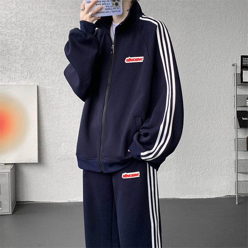 8XL-M条纹撞色开衫新年红卫衣运动套装潮牌运动服校园风TZ114P118,男装休闲套装,电商D206-1