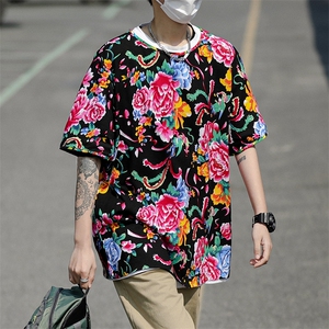HT202男士夏大码人棉大花红黑圆领短袖透气凉爽TEE恤棉纱风图片