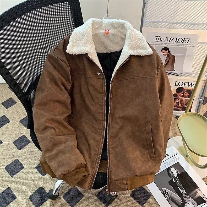 PU皮羊羔绒夹克棉服男女冬季加厚保暖翻领棉衣美式保暖工装外套,男装夹克,星座715-4