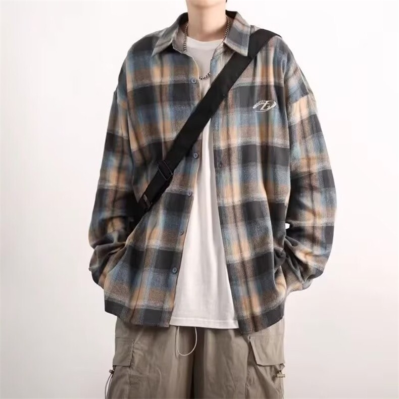 GS6164P30港风复古格子长袖衬衫日系韩版男女同款长袖外套情侣衫,男装衬衫,星座1108-5