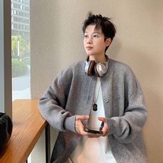 cleanfit灰色排扣圆领针织开衫男生秋冬美式重磅软糯长袖毛衣外套，男装针织衫/毛衣，星座218-8