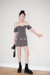 Nana-goddess夏季新品灰色荷叶一字肩连衣裙,女装连衣裙,DUOLINE(2F)